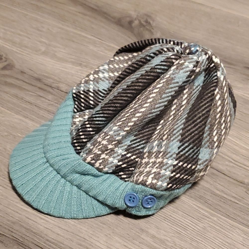 Teal & Gray Plaid Sweater Hat w/Button Detail